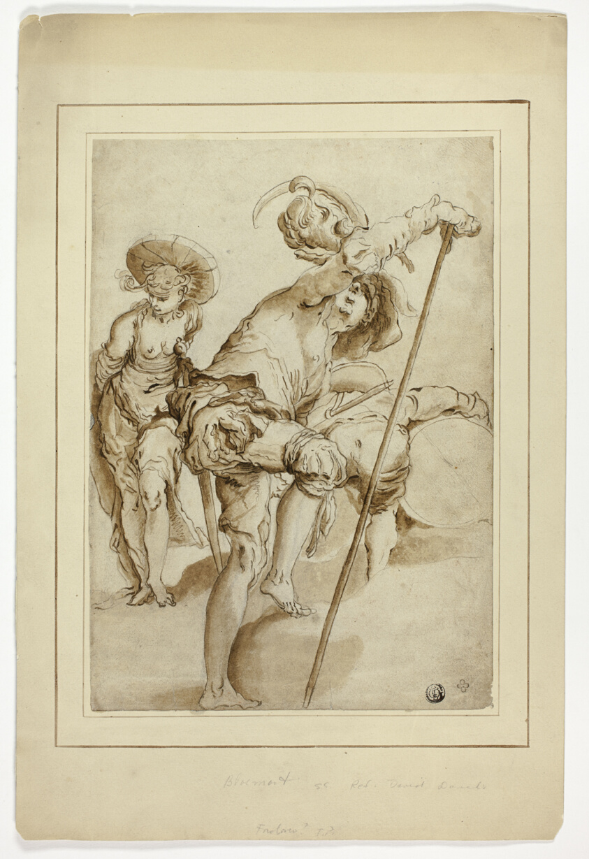 A standing soldier, a standing woman, and a stooping drummer