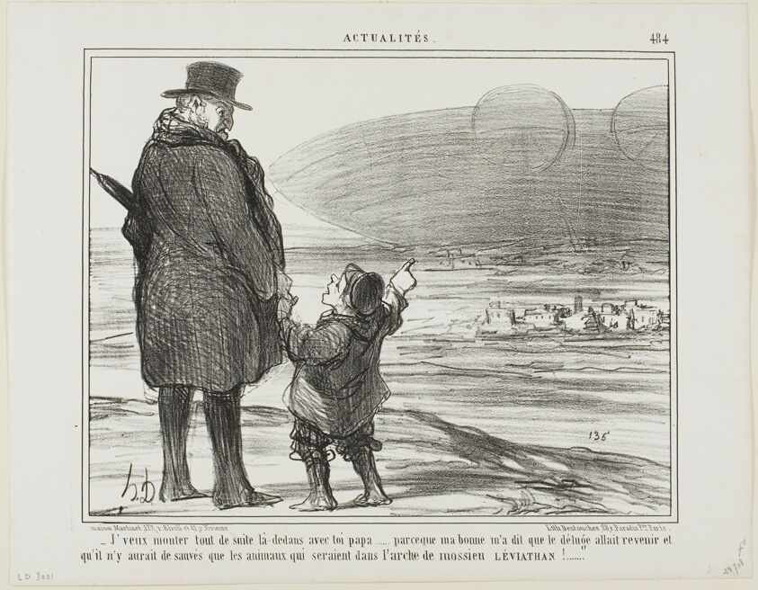 “- I want to go on this ship with you at once, Papa, my nanny said that the deluge will come again, and the only ones who will be saved, will be the animals on the ark of Mr. Leviathan!,” plate 484 from Actualités