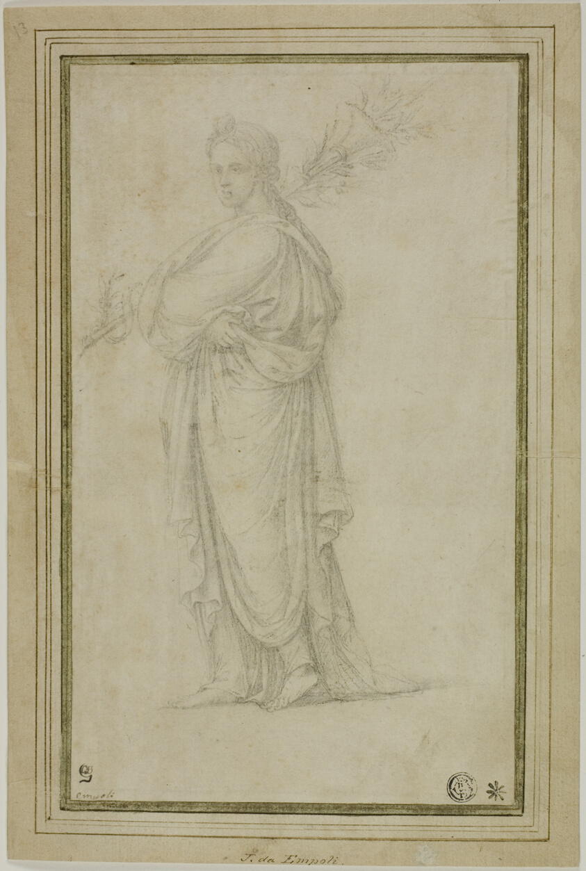 Standing Draped Female Figure Carrying Trumpet, Flowers
