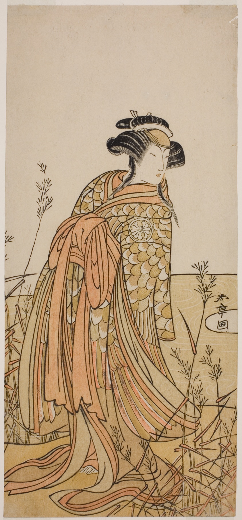 The Actor Segawa Kikunojo III as Spirit of a Mandarin Duck (Oshidori) Disguised as Tagasode, in the Play Hana-zumo Genji Hiiki, Performed at the Nakamura Theater in the Eleventh Month, 1775