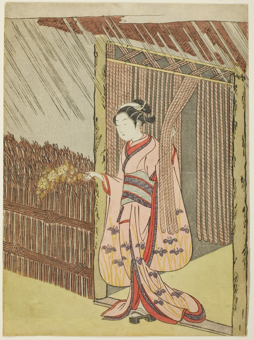 Woman Holding a Branch of Kerria Flowers in the Rain (parody of Ota Dokan)