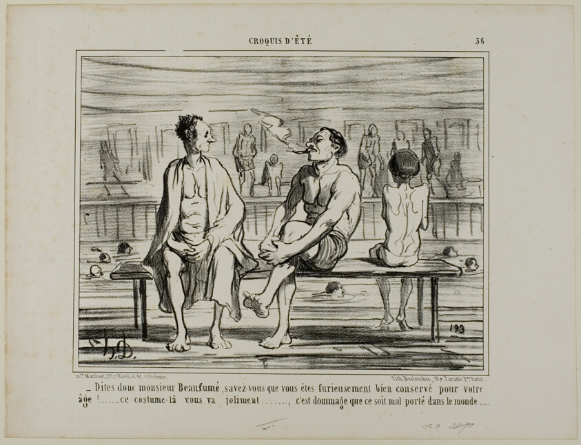“You know, Monsieur Beaufumé, actually you have kept damned well considering your age. This costume suits you perfectly.... just too bad that it does not look good on everybody,” plate 36 from Croquis D'été