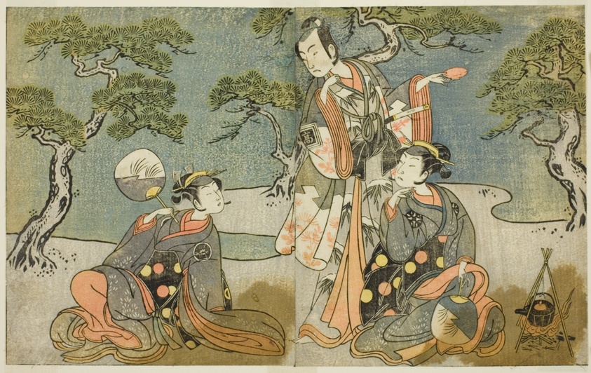 The Actors Nakamura Nakazo I as Matsukaze (right), Ichikawa Komazo II as Ariwara no Yukihira (center), and Iwai Hanshiro IV as Murasame (left), in the Play Kuni no Hana Ono no Itsumoji, Performed at the Nakamura Theater in the Eleventh Month, 1771