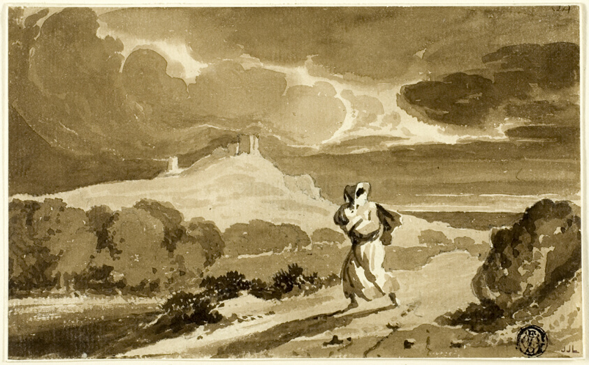 Woman with Baby Fleeing Across Moors