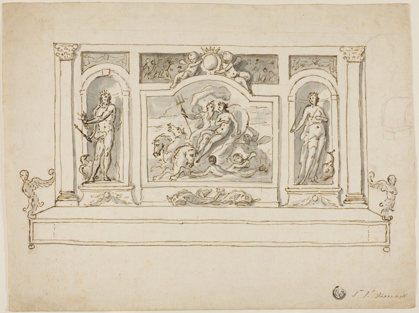 Neptune and Amphitrite Flanked by Jupiter and Juno: Design for Painted Hall or Garden Bench