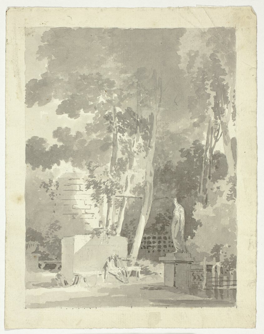 View of the Park at Versailles: Two Figures on a Bench in a Clearing, Female Statue Nearby