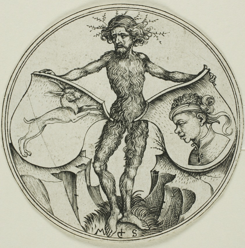 Two Shields with a Hare and a Moor's Head, Held by a Wild Man