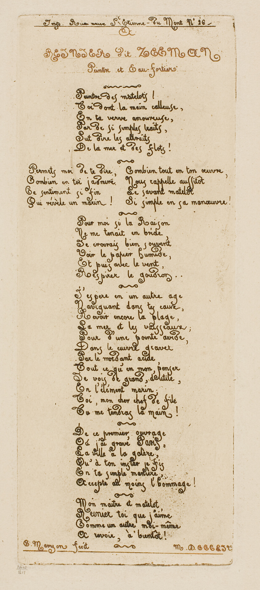 Dedicatory Verses by Meryon to Reinier Nooms, Called Zeeman