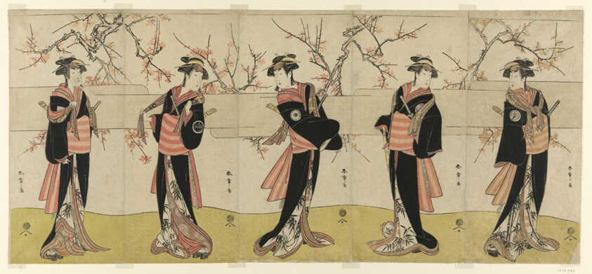 The Actors Segawa Kikunojo III as Karigane Obun, Nakayama Tomisaburo I as An no Oyasu, Iwai Kiyotaro II as Kaminari no Osha, Nakayama Tatezo I as Gokuin no Osen, and Ichikawa Monnosuke II as Hotei no Oichi (right to left), in "Gonin Onna," Scene One of the Play Waka Murasaki Edokko Soga, Performed at the Ichimura Theater in the Second Month, 1792