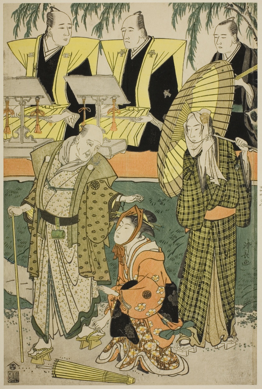 The Actors Bando Matakuro IV as Chubei, Osagawa Tsuneyo II as Umegawa, and Nakamura Katsugoro as Magoemon, in the play "Keisei Koibikyaku," performed at the Morita Theater in the fifth month, 1783