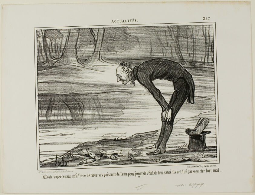 Mr. Coste noticing that the fish he took out of the water in order to analyse their state of health, end up feeling not well at all, plate 387 from Actualités