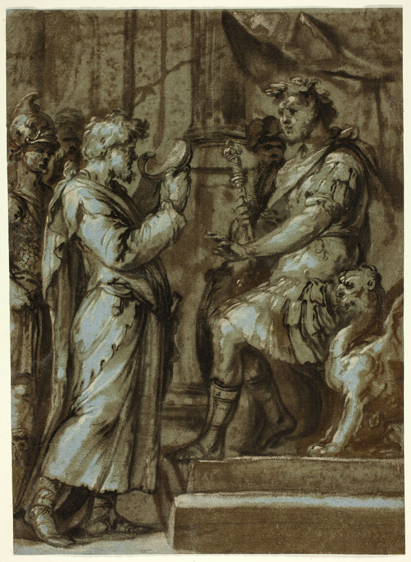 Magician Making a Prediction to an Emperor (recto); Male Nude Carrying a Load (verso)