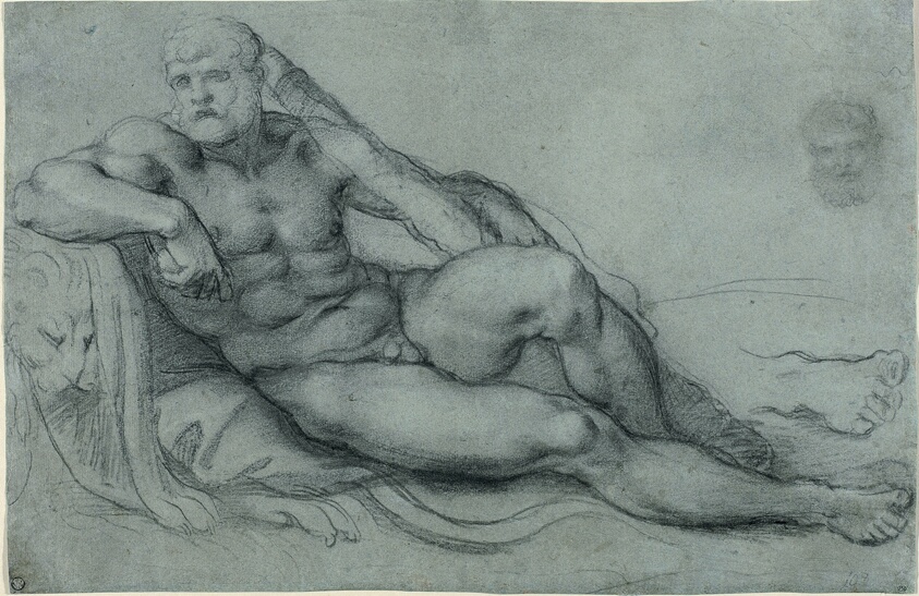 Study of Hercules Resting, with Separate Studies of His Head and Foot (recto); Rectangular grid design (verso)