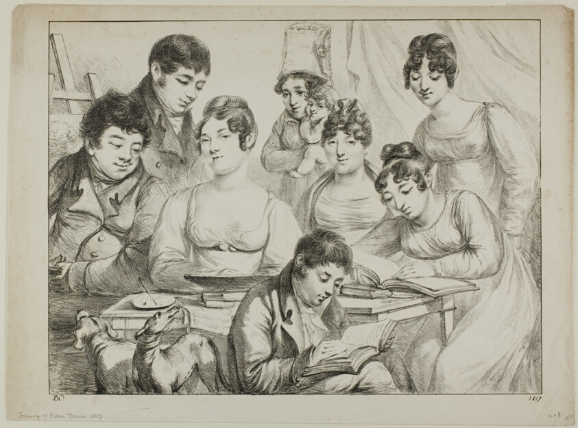 Conversation, a Family Drawing and Reading, the Nurse Holding an Infant, a Portrait of Prince Edmond de Beauvau Behind a Chair, and Portraits of Madame Lavallée and Madame Vallory, Both Seated