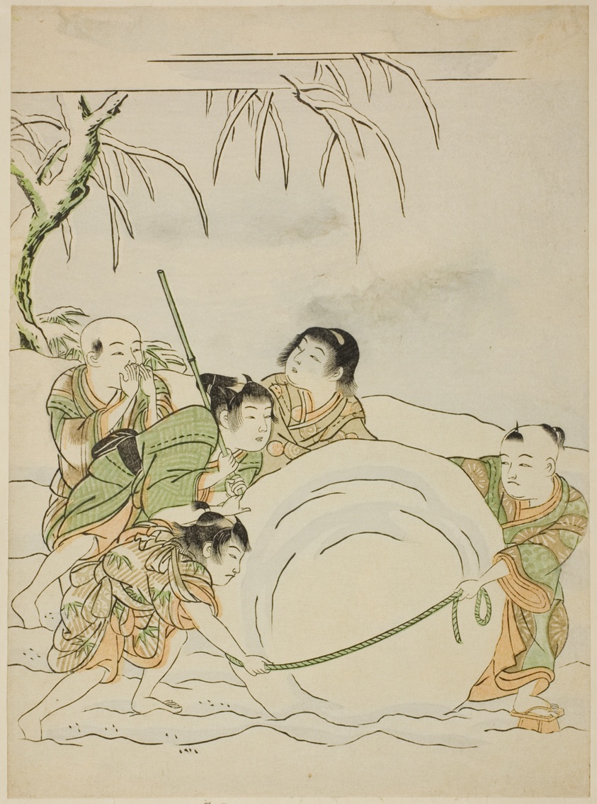 Five Young Boys Rolling a Large Snowball