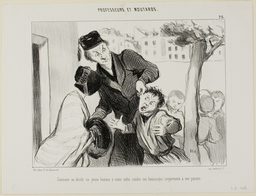 How to Convince a Young Man to Finally Learn to Pay his Respects to his Parents, plate 26 from Professeurs et Moutards (Professors and Rascals)