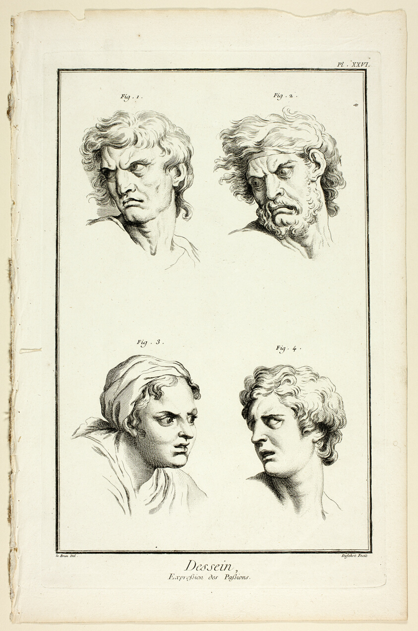 Drawing: Expressions of Emotion (Hate or Jealousy, Anger, Desire, Physical Pain), from Encyclopédie