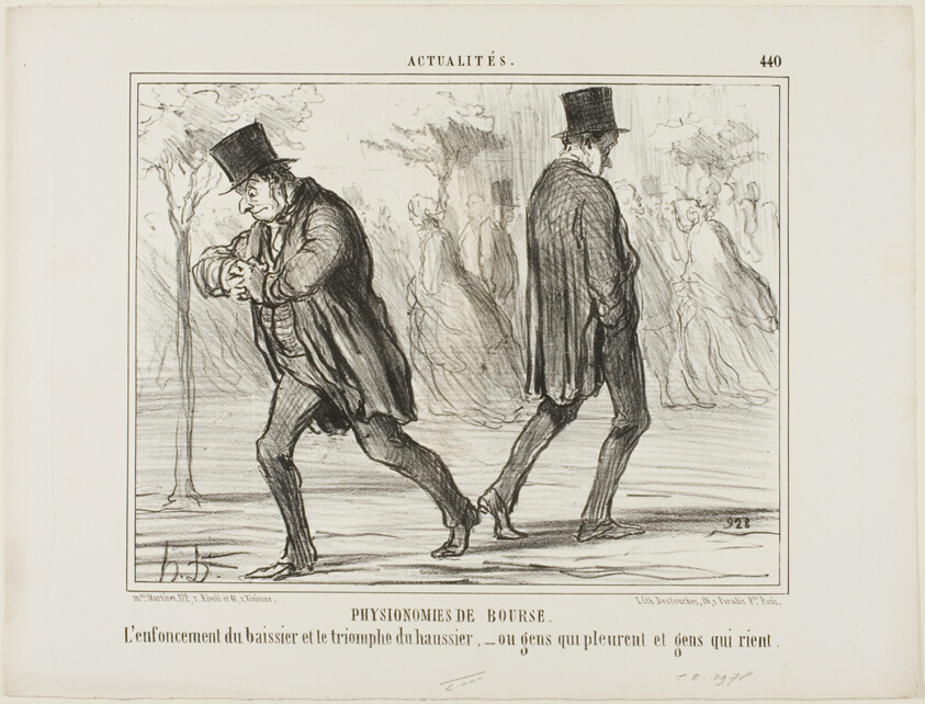 Physiognomy of the Stock Exchange. The despair of the baissier and the triumph of the haussier - or crying and laughing, plate 440 from Actualités