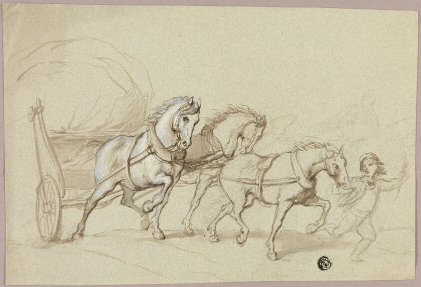 Child Leading Three Horses and Wagon