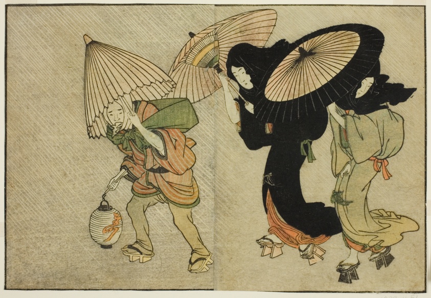 Two Women and Attendant Caught in a Storm, from the illustrated book "Picture Book: Flowers of the Four Seasons (Ehon shiki no hana)," vol. 2