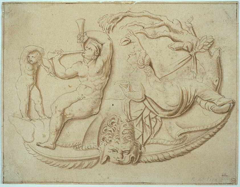 Satyr with Two Pipes and Putto and Woman Taking Drink from Tree