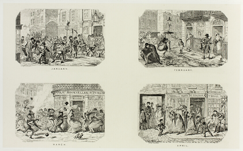 January from George Cruikshank's Steel Etchings to The Comic Almanacks: 1835-1853 (top left)