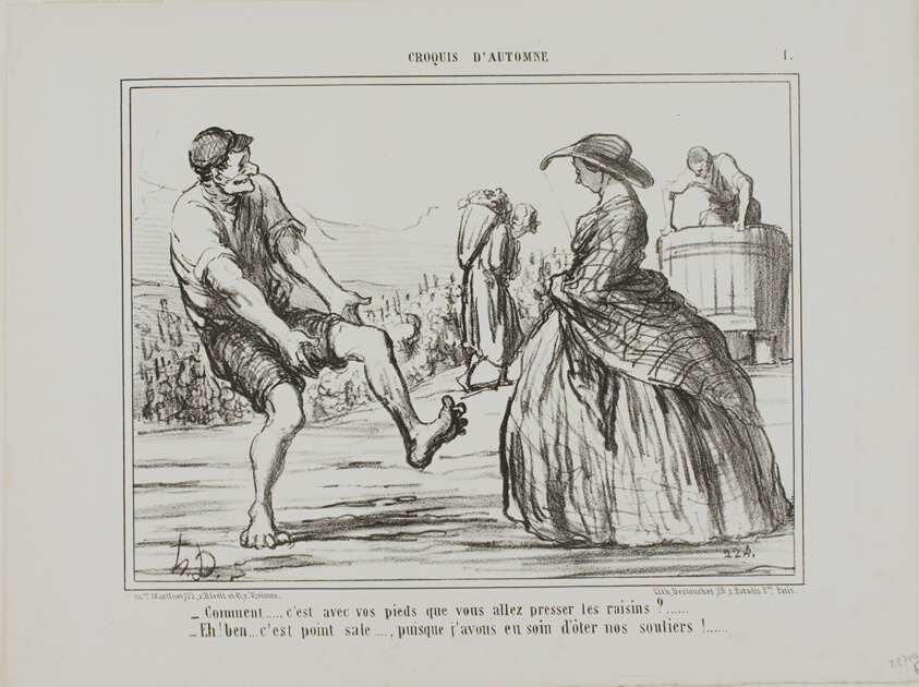 “- What? you are pressing the grapes with your feet?… - Sure, and it's not dirty at all… since I took off my shoes!,” plate 1 from Croquis D'automne