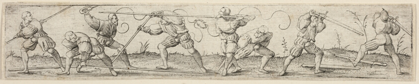 Eight Soldiers Engaged in Fencing Exercises