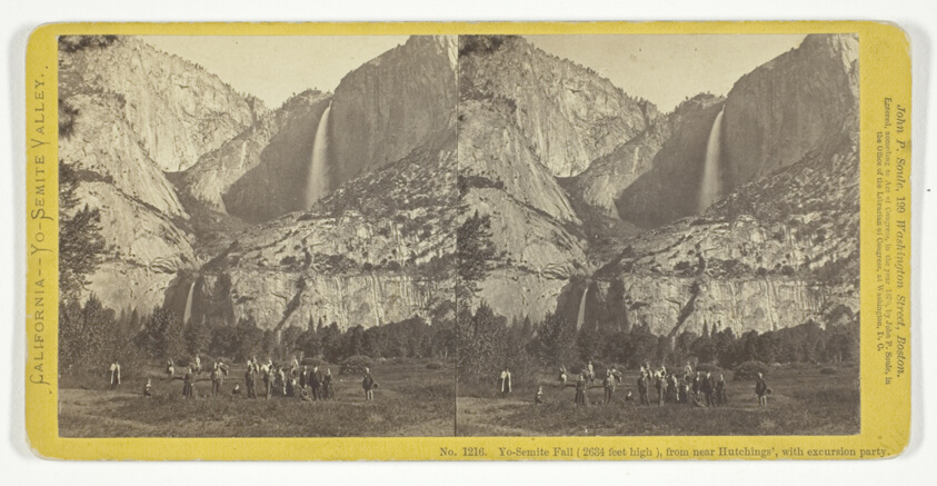 Yo-Semite Fall (2634 feet high), from near Hutchings', with excursion party, No. 1216 from the series "California -- Yo-Semite Valley"