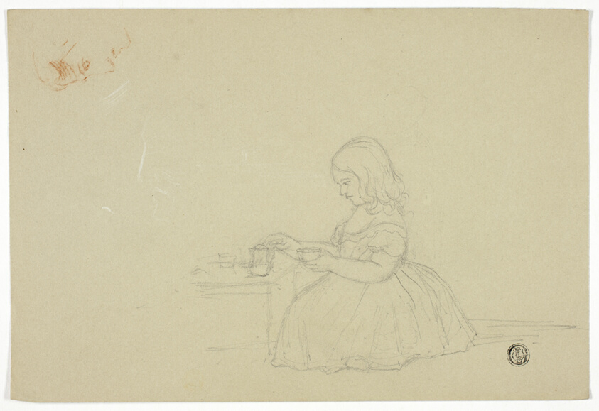 Young Girl Pouring Tea and Profile Sketch (recto), and Sketch of Italian City Street (verso)