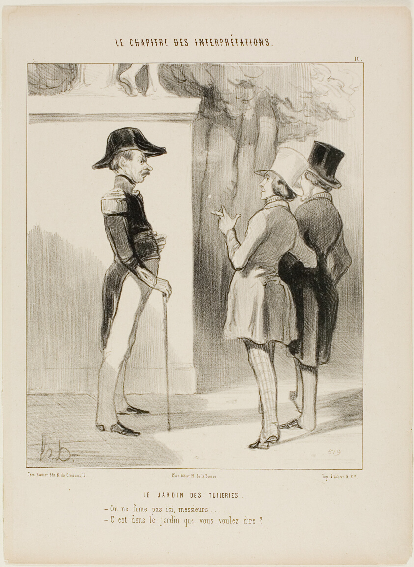 The Tuileries Gardens. “- No smoking here, Sir! - You mean in the garden?,” plate 10 from Le Chapitre Des Interprétations