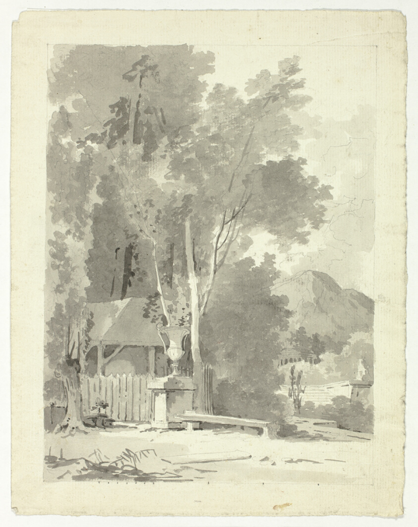Classical Urn in Front of a Shed, with Temple and Mountain in Background