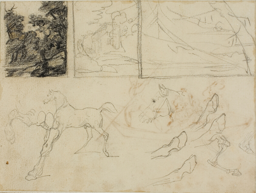 Sheet of Sketches: three Landscapes, Horses, and Hooves