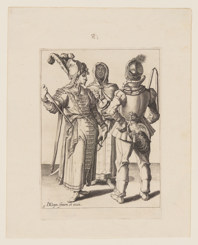 A Grandee in Eastern Dress, a Man with a Cock attached to his Belt and a Veiled Woman Playing the Rumbling-Pot, from The Masquerades