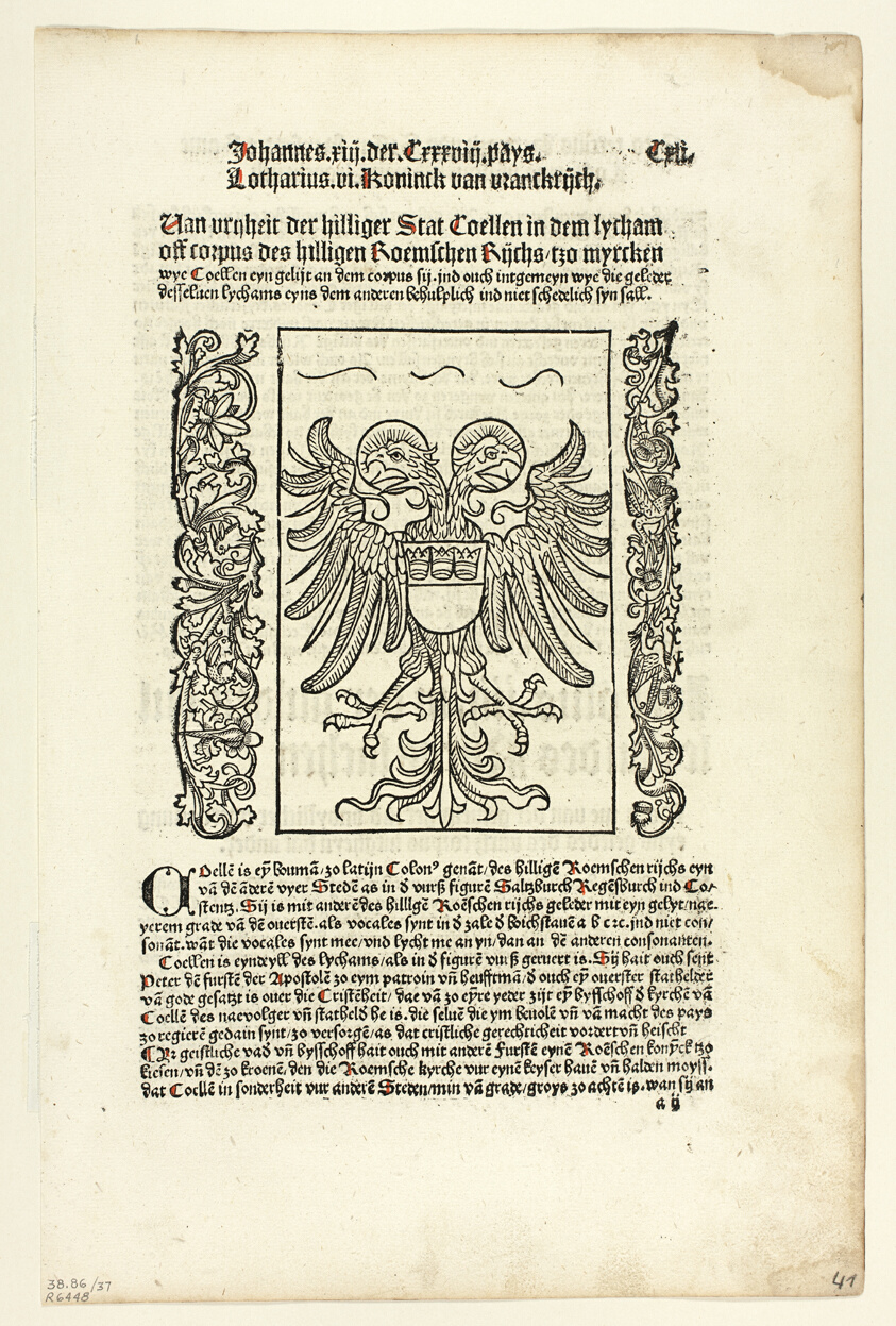 Holy Roman Empire Coat of Arms with Cologne Coat of Arms from Koelner Chronik (Cologne Chronicle), Plate 37 from Woodcuts from Books of the 15th Century