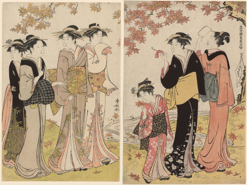 Beauties Under a Maple Tree, from the series "A Collection of Contemporary Beauties of the Pleasure Quarters (Tosei yuri bijin awase)"