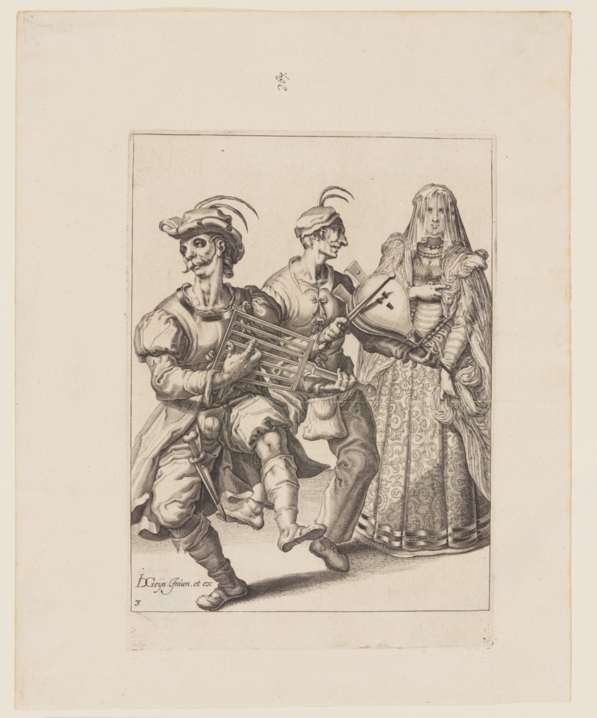 A Veiled Woman with Two Musicians Playing a Gridiron and a Bellows, from The Masquerades