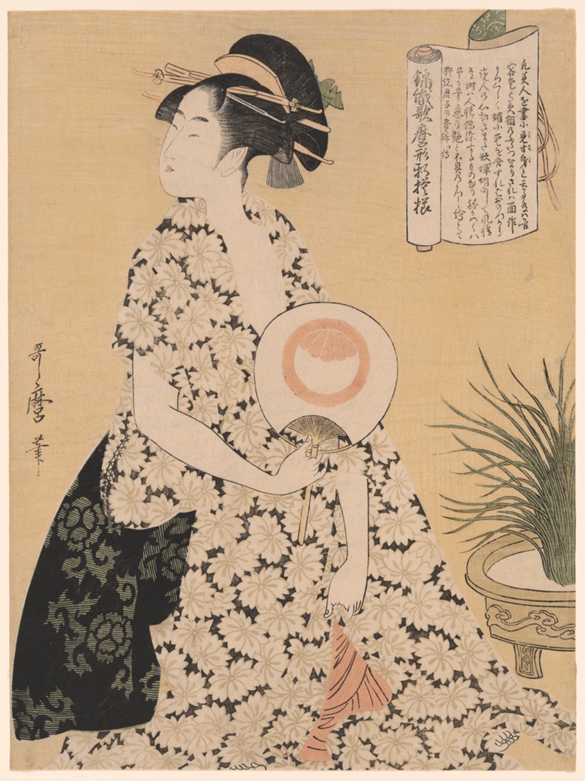 Beauty Wearing a Summer Kimono, from the series “New Patterns of Brocade Woven in Utamaro Style" ("Nishiki-ori Utamaro-gata-shinmoyo")
