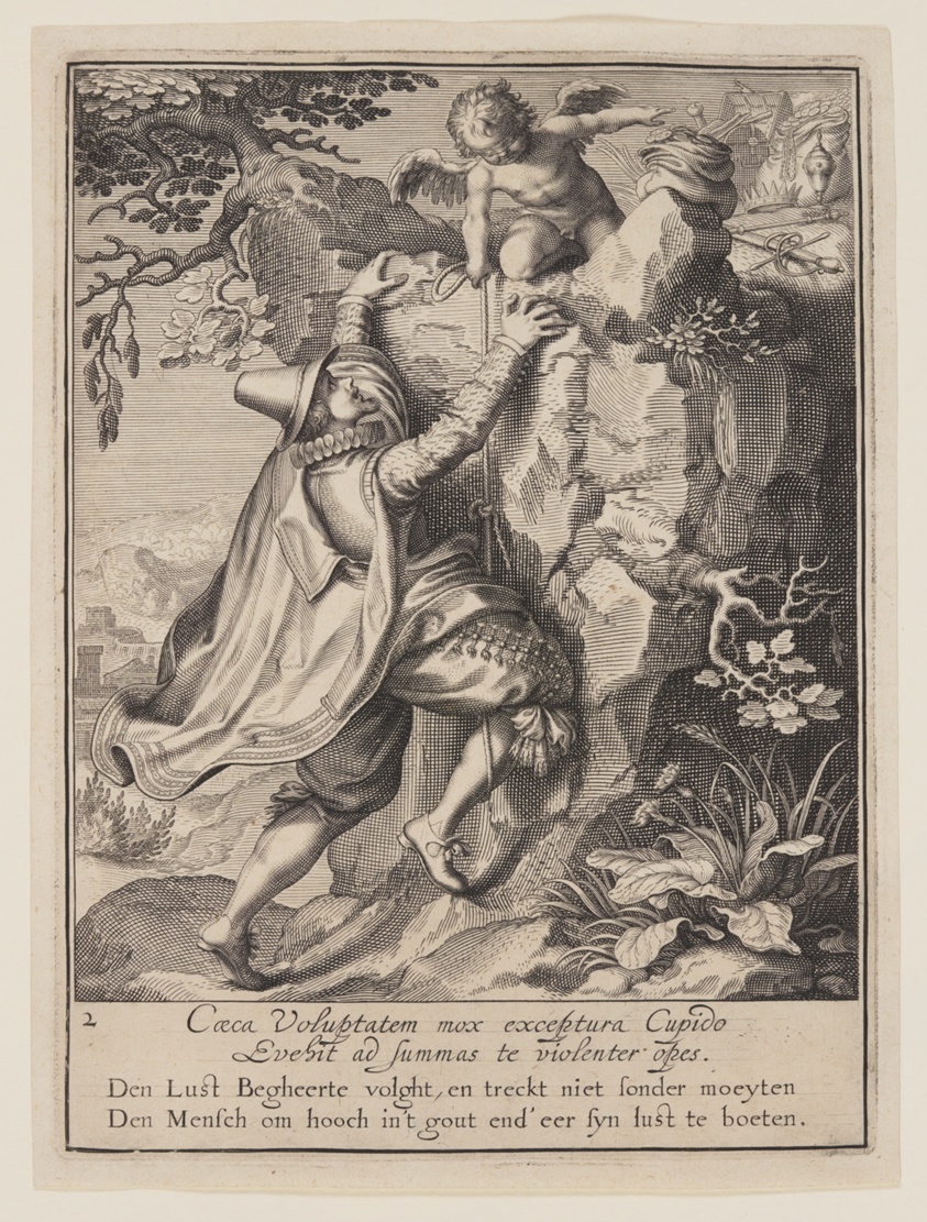 A Young Man Climbing a Hillside Aided by Cupid, from Allegory of the Misuse of Worldly Property