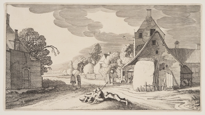 Three Peasants Resting at a Crossroad in a Village, from Landscapes (Playsante Lantschappen)