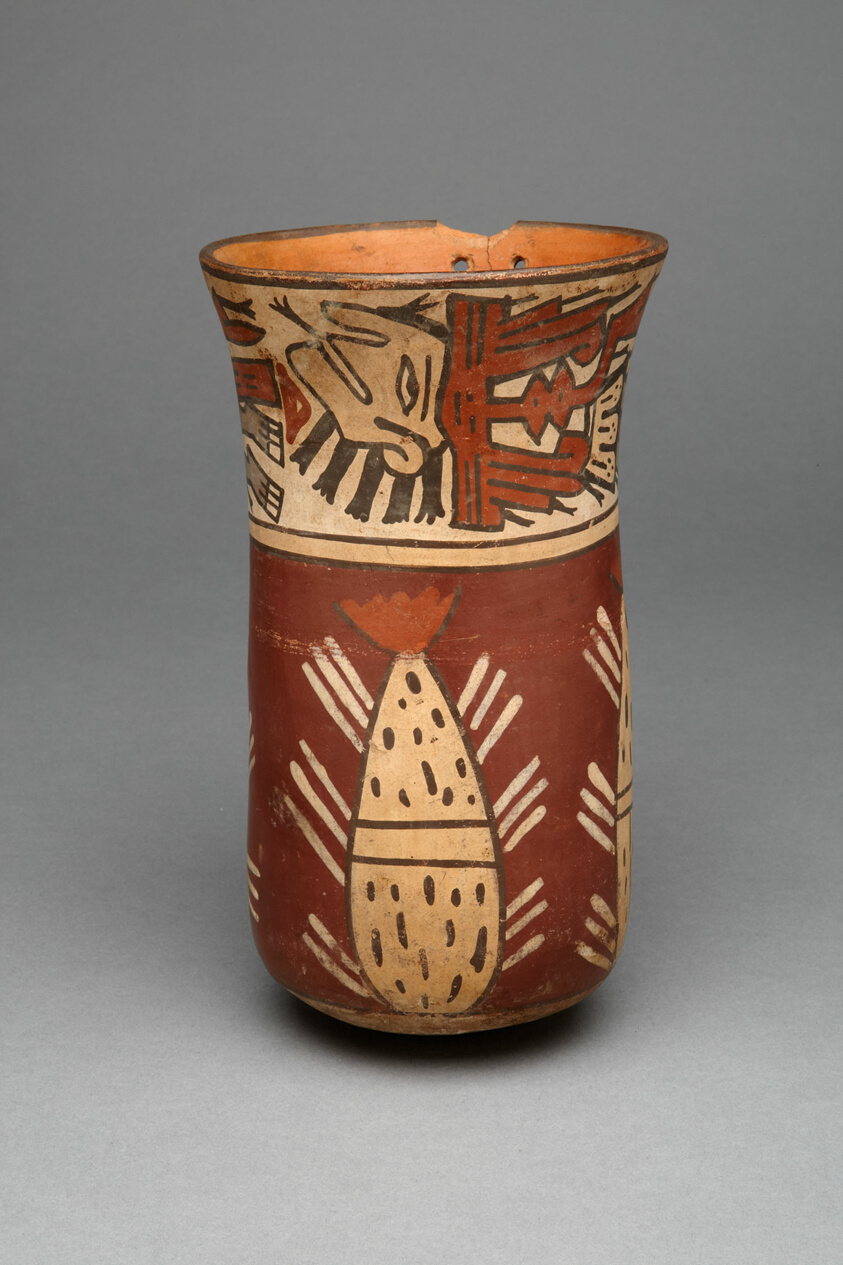 Beaker Depicting Abstract Plants, Possibly Cacti, and Abstract Figures