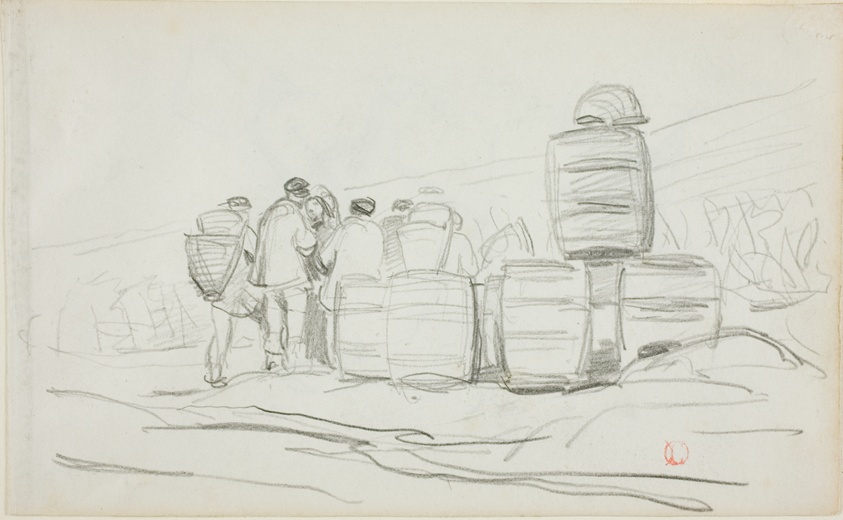 Study of a Group of People with Barrels (recto); Two Studies of a woman Gleaning (verso)