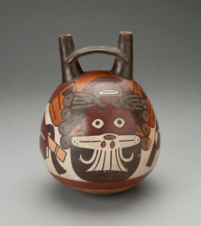 Double Spout Vessel Depicting Masked Figure Curving over Upper Surface