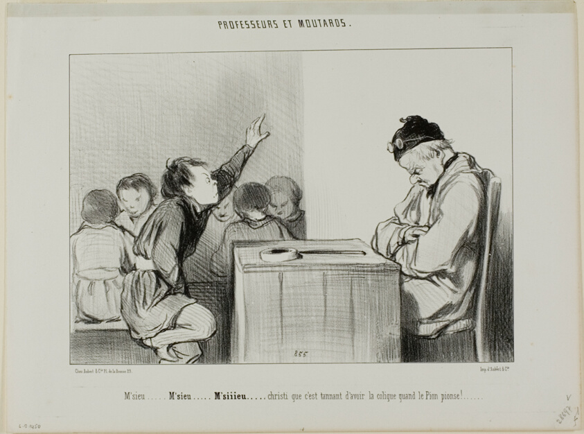 “Sir . . . Sir . . . Siiir . . . Christ, it’s annoying to have the runs when the supervisor is supervising!,” plate 13 from Professors and Rascals