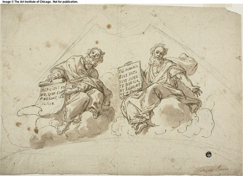 Spandrel with Two Prophets (recto); Outstretched Right Hand; Two Kneeling Figures (verso)