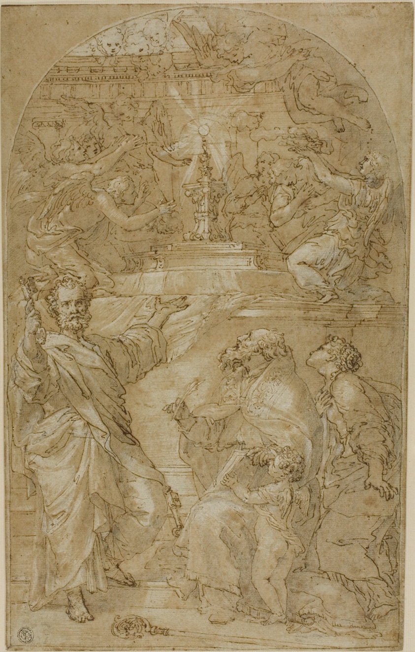 Saint Peter, Saint Augustine and a Female Saint in Adoration of the Eucharist