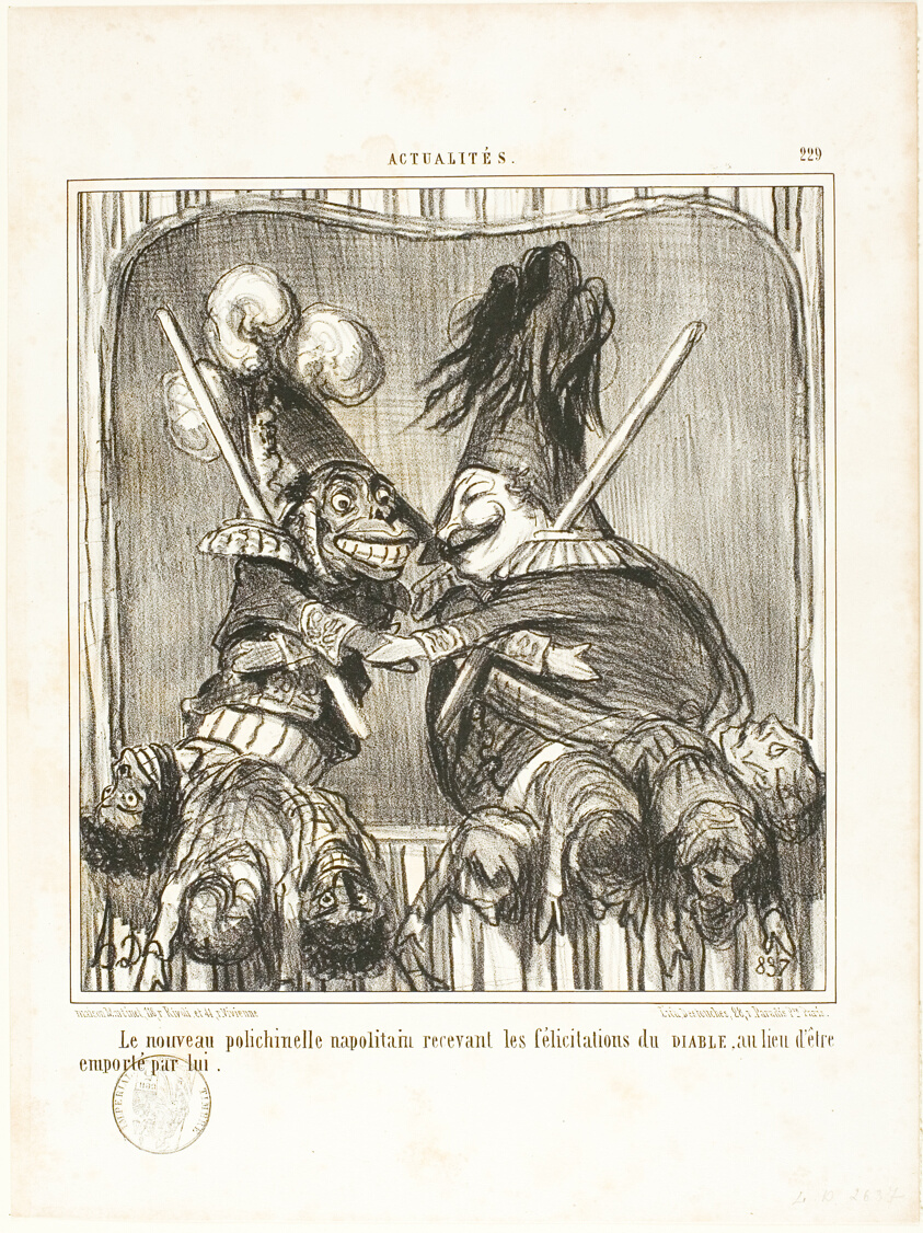The New Neapolitan Buffoon. Receiving the congratulations of the DEVIL instead of being carried off by him, plate 229 from Actualités
