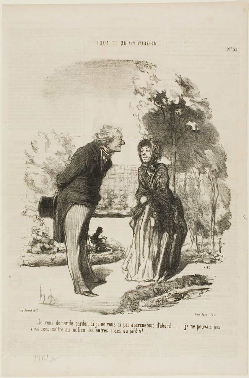 “- I am sorry that I did not recognize you right away. I could not distinguish you from all the other roses!,” plate 55 from Tout Ce Qu'on Voudra
