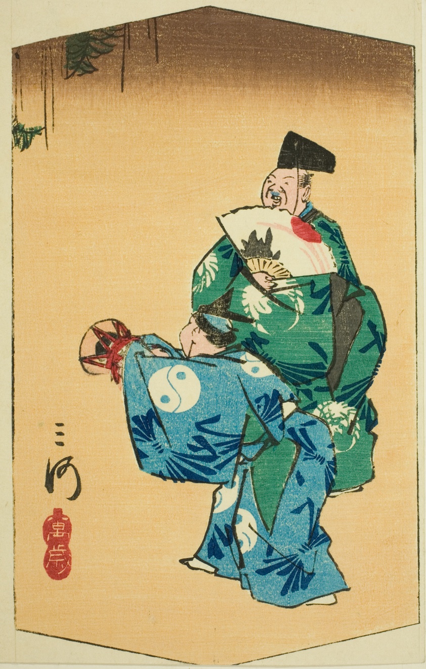 Comic Dancers in Mikawa Province (Mikawa, manzai), section of sheet no. 4 from the series "Cutout Pictures of the Provinces (Kunizukushi harimaze zue)"