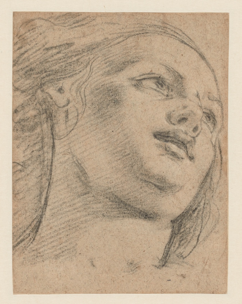 Female Head Study Looking Up to Right (recto); Study of Two Figures Supporting an Object (verso)